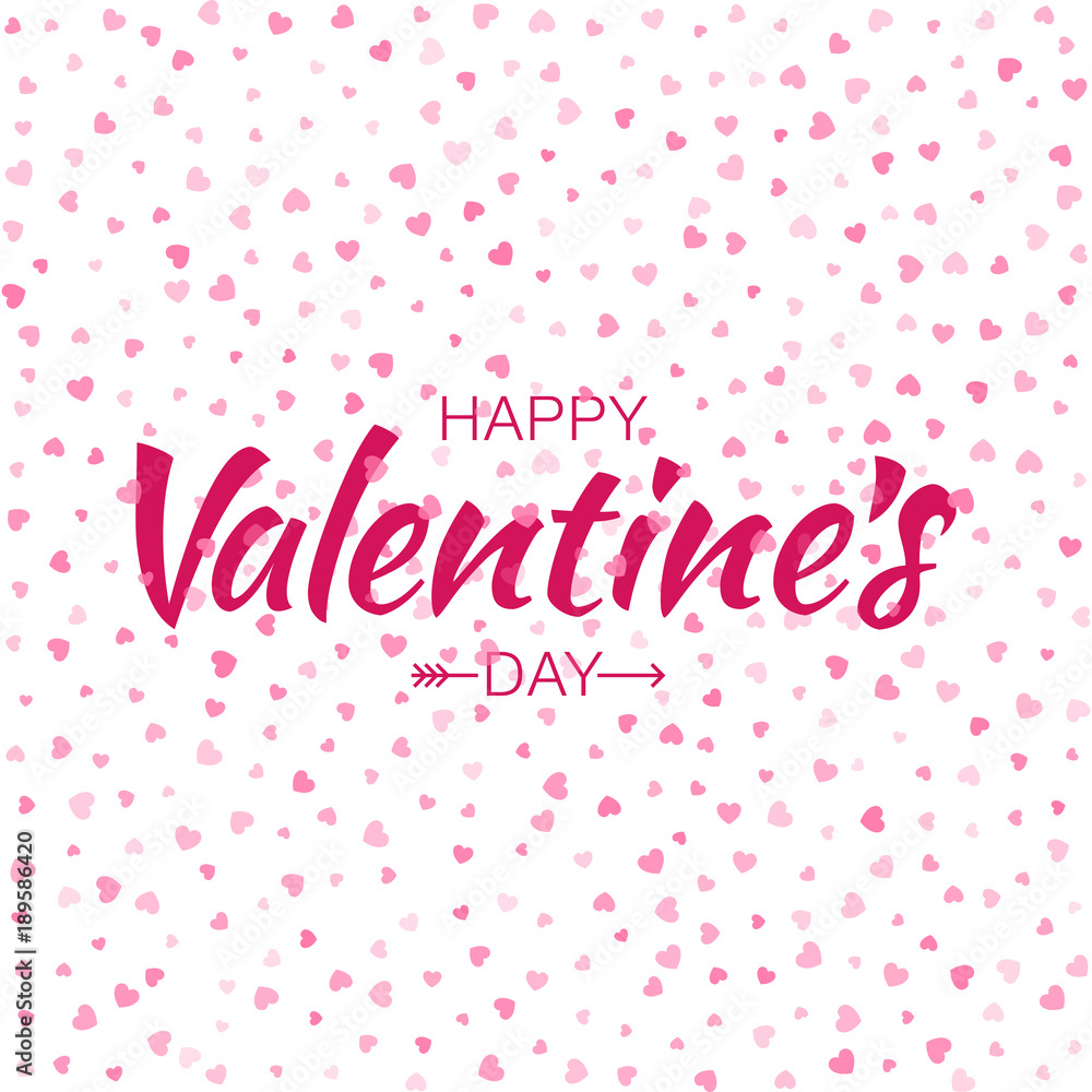 Vector Red Happy Valentines Day Lettering with arrow and seamless pattern with pink small soft light hearts isolated on white background.  Design for Wedding Invitation Card. Vector illustration EPS10