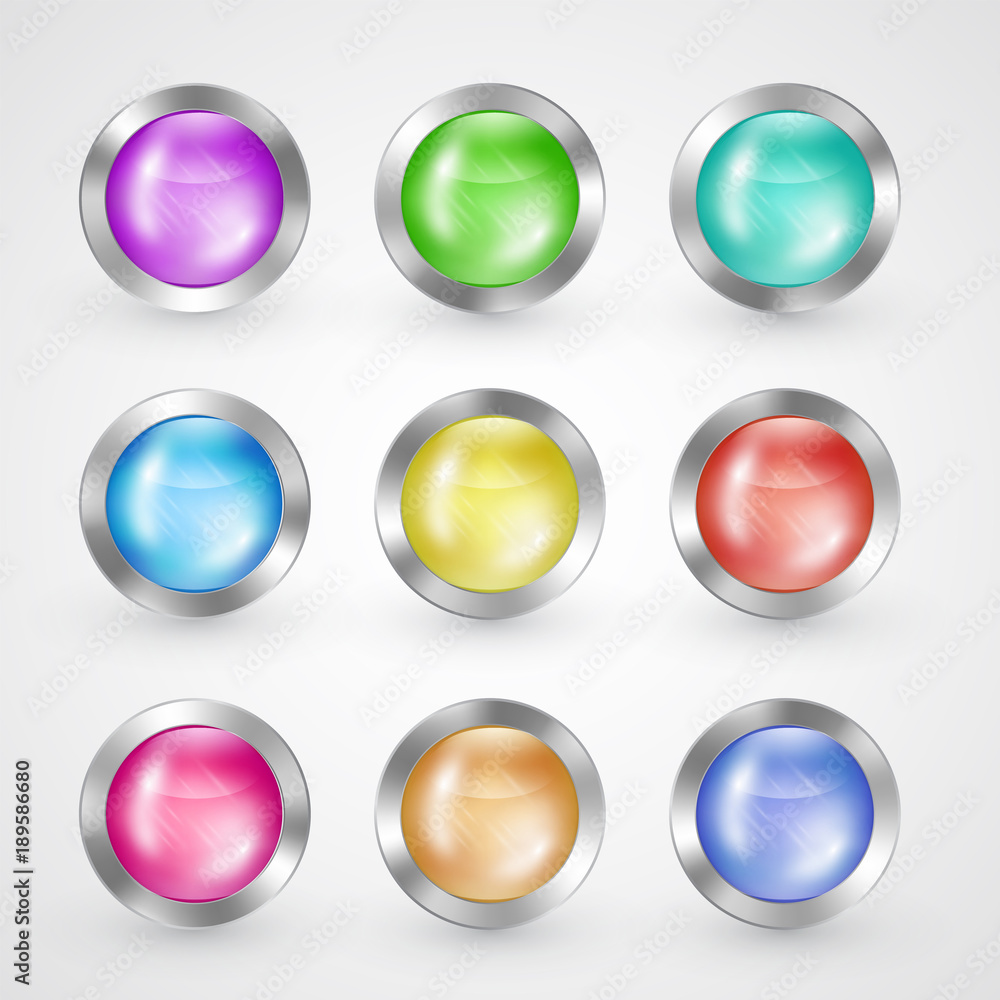 Glossy glass and metallic buttons set, vector symbols for internet web-sites navigation with silver brushed and glowing frame surface, laconic elegant design isolated on white. Glossy glass and metallic buttons set, vector symbols for internet web-sites navigation with silver brushed and glowing frame surface, laconic elegant design isolated on white.