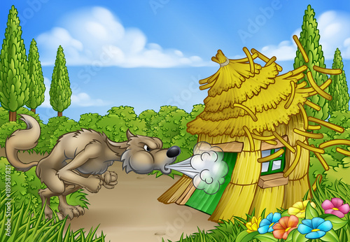 Three Little Pigs Big Bad Wolf Blowing Down House