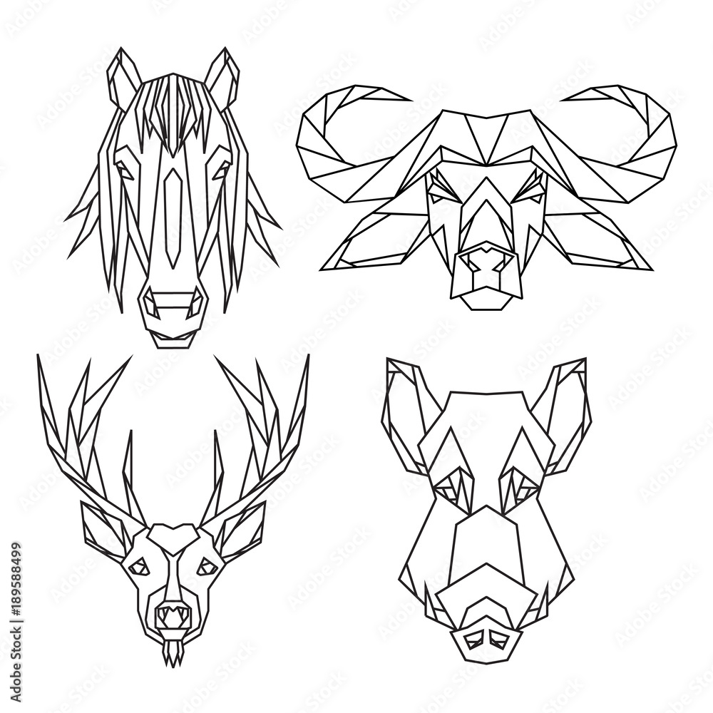 Geometric vector animal set of bull, deer, horse and wild hog vector heads  drawn in line or triangle polygonal style, suitable for modern tattoo  templates, icons or logo elements. Stock Vector |
