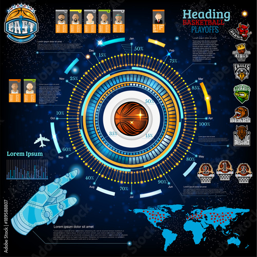 Abstract basketball infographic in computer game style. Vector background with information, chart, diagrams