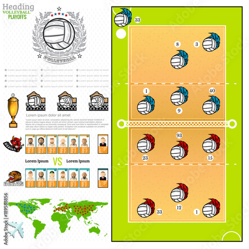 Abstract volleyball infographic in computer game style. Vector background with information, team, map and court