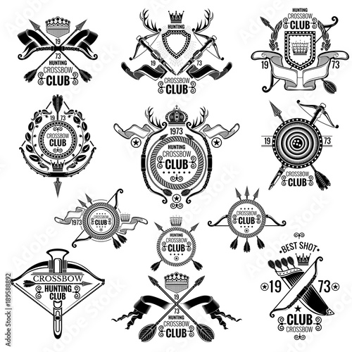 Big set of vector emblems for bow tem, crossbow club and hunting association