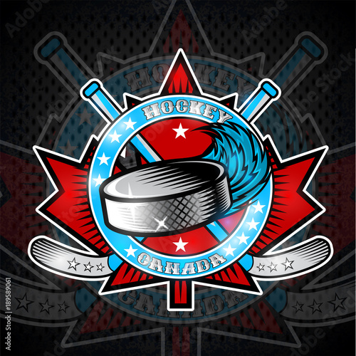 Hockey puck with wind trail and crosses hockey sticks on red maple leaf. Sport logo for any canadian team or championship