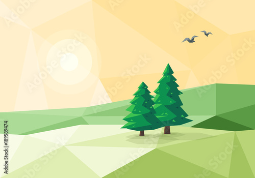 Vector illustration of stylized low poly triangular landscape with green conifer trees on a triangular hill with geometric mountain on yellow sky background. Sun is shining, birds are flying around.