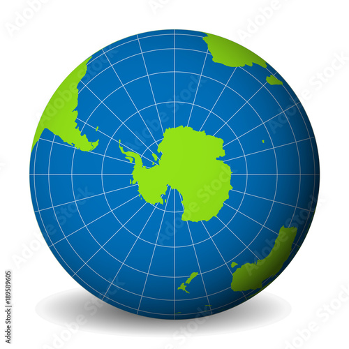 Earth globe with green world map and blue seas and oceans focused on Antarctica with South Pole. With thin white meridians and parallels. 3D vector illustration.