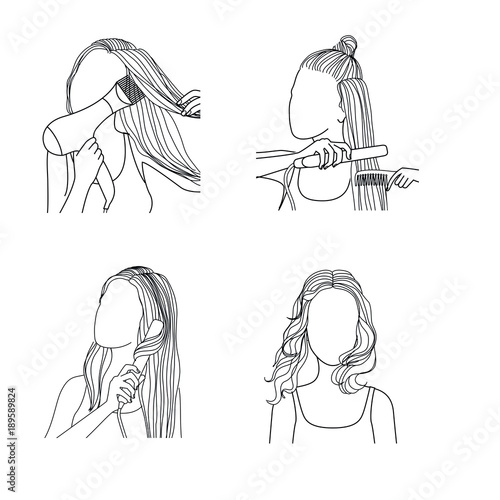 Girl doing curvy hairstyle. Step by step illustrations.