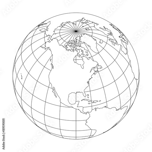 Outline Earth globe with map of World focused on North America. Vector illustration.