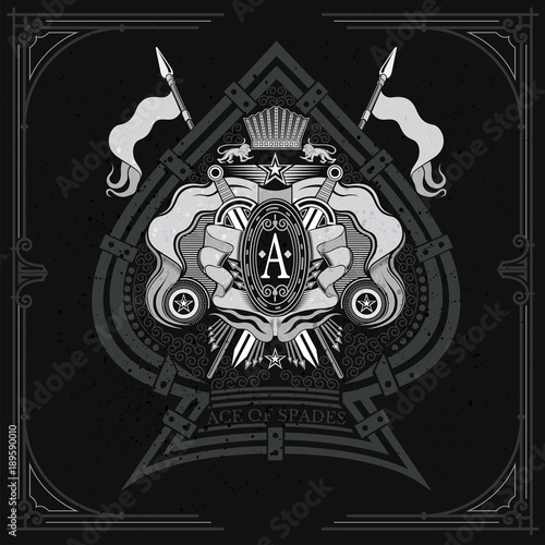 Coat of arms with crossed swords and spears in the center of ace of spades. Brand or T-shirt style on blackboard
