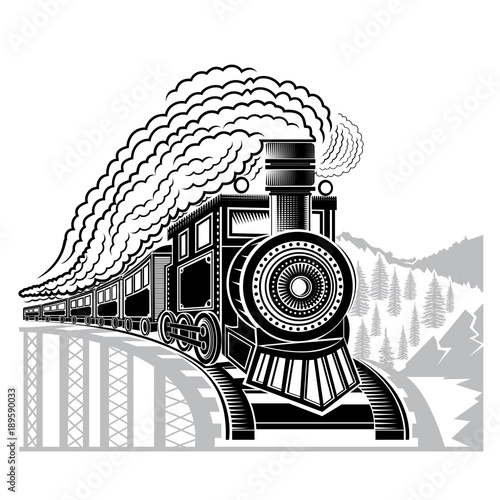 Black silhouette of face old locomotive with smoke on bridge and wild landscape. Engraving illustration isolated on white