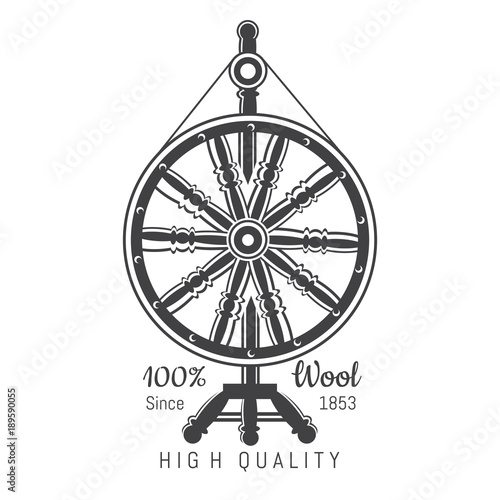 Wheel distaff with yarn. Logo for craft related site or business