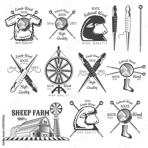 Set of labels wool sheep farm. Logo for knitted craft related site or business