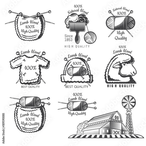 Set of labels wool sheep farm with yarn. Logo for knitted craft related site or business