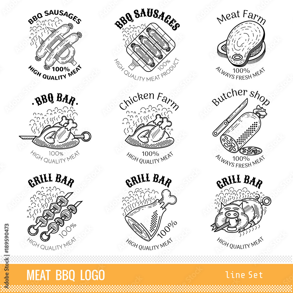 Set of outline line logo. Labels for Meat farm, grill and BBQ bar, butcher shop isolated on white