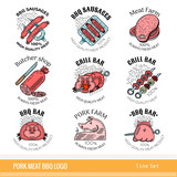 Set of outline color line pork products logo. Labels for Meat farm, grill and BBQ bar, butcher shop isolated on white