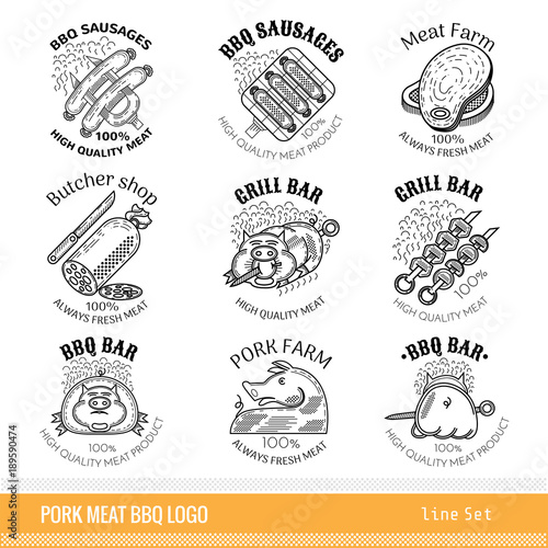 Set of outline line pork products logo. Labels for Meat farm, grill and BBQ bar, butcher shop isolated on white