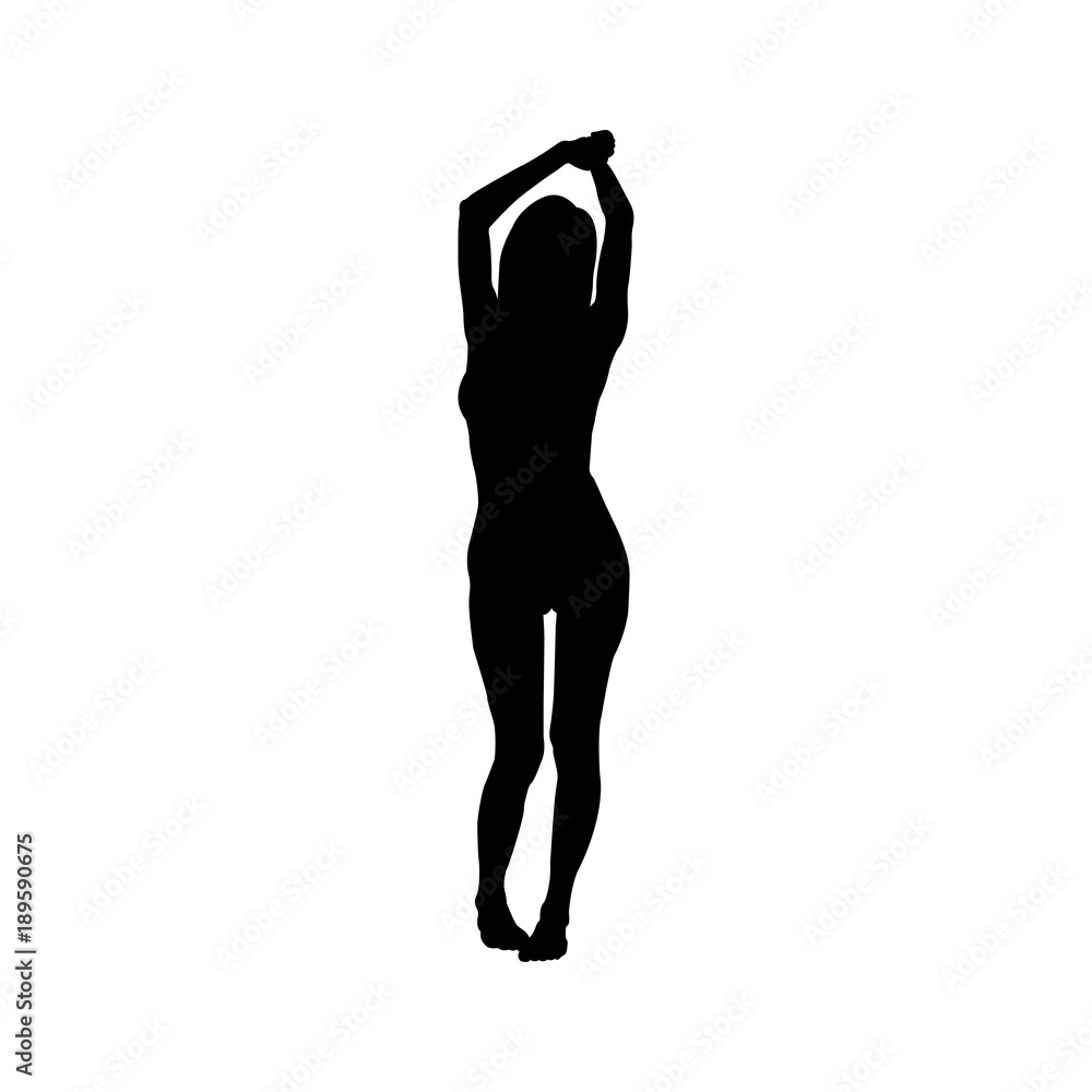 Icono plano silueta chica desnuda de pie negro en fondo blanco Stock