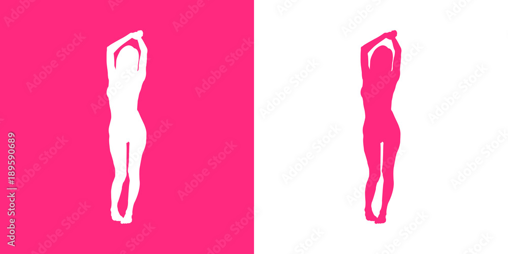 Icono plano silueta chica desnuda de pie rosa y blanco Icono plano silueta chica desnuda de pie rosa y blanco