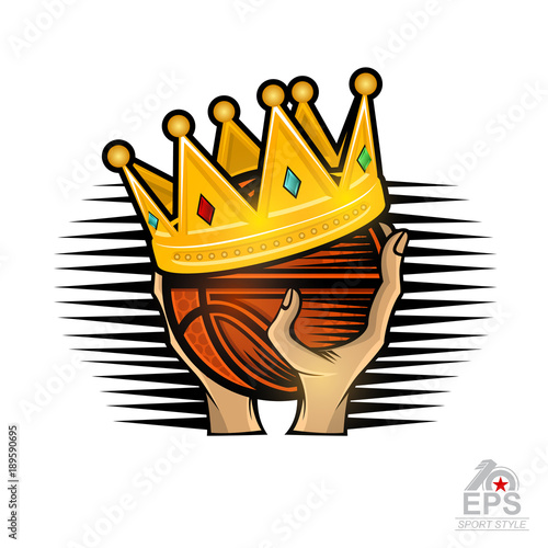 Two hands hold basketball ball with golden crown. Sport logo for any team or competition isolated on white