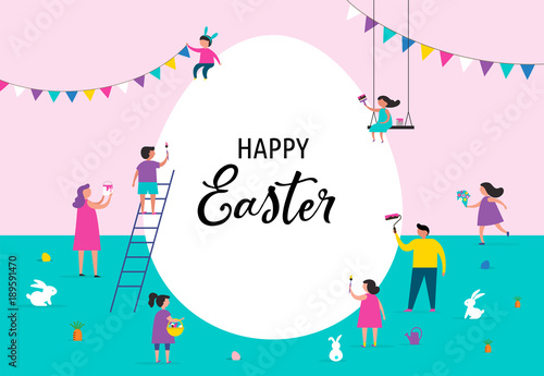 Happy Easter banner with families and kids