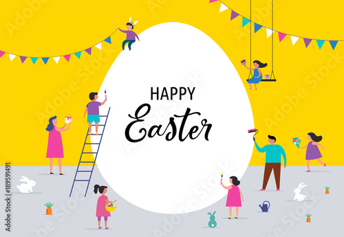 Happy Easter banner with families and kids