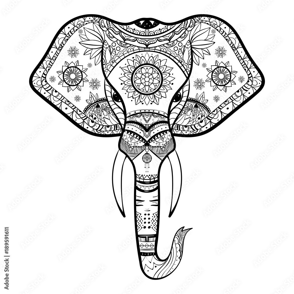 Vector Black and White Henna Elephant Head Illustration Stock Vector
