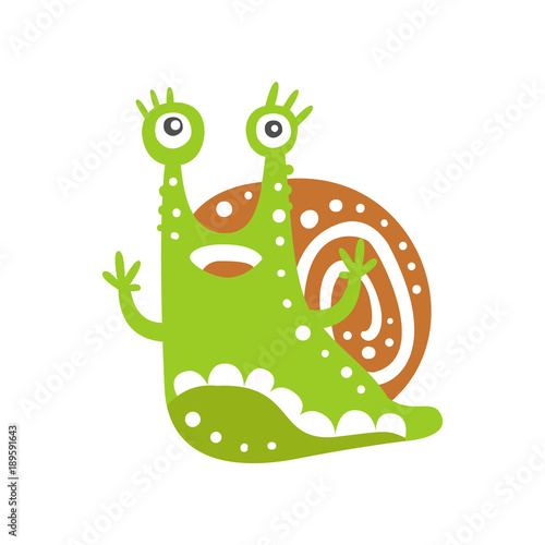 Funny snail character raising its hands  cute green mollusk hand drawn vector Illustration