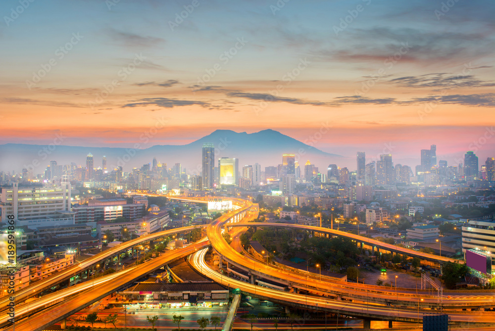 Landscape city skyline at dusk.