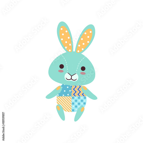 Cute light blue bunny soft plush toy, stuffed cartoon animal vector Illustration