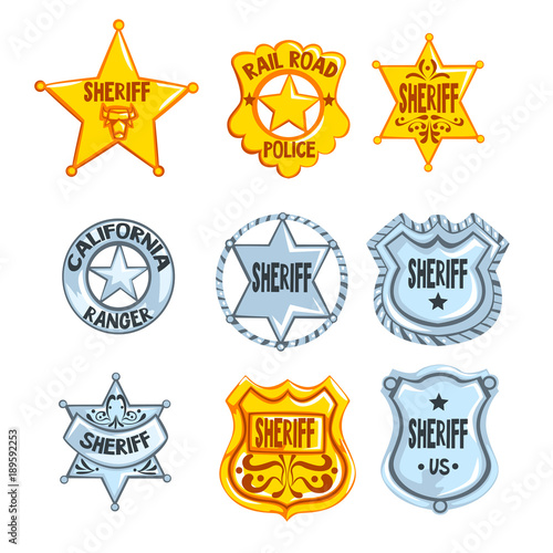Collection of different sheriff, railroad police and rangers badges. Cop s golden and silver tokens. Cartoon emblems in flat style. Policeman symbol. Vector design