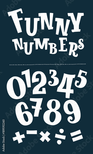 Vector cartoon Funny colorful numbers set on black background Division, multiplication, equals, minus in dark background