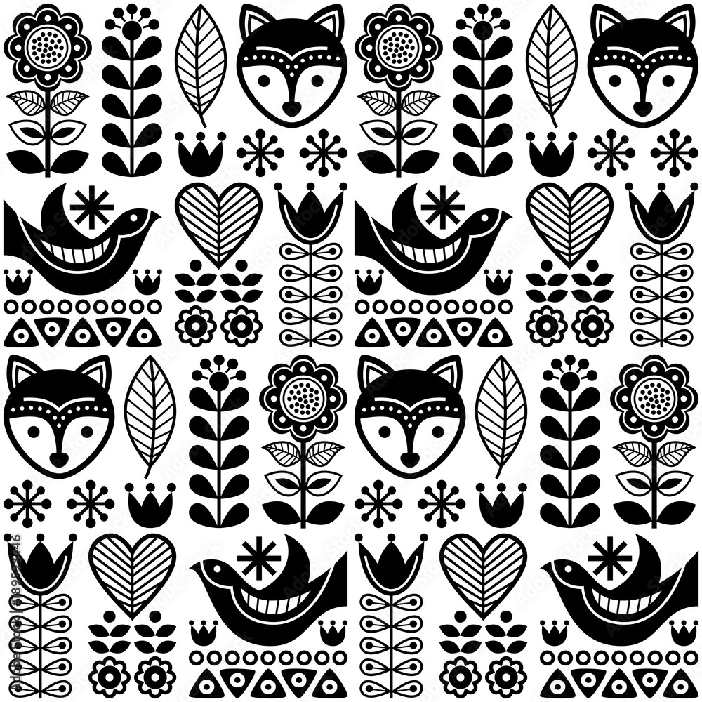 Scandinavian seamless vector folk pattern with flowers and animals inspired by Finnish art 
  