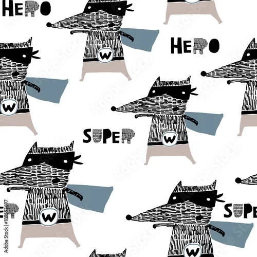 Tapety Wzór z ręcznie rysowane wilka bohatera. Kreatywna dziecinna tekstura w stylu skandynawskim. Idealne do tkaniny, ilustracji wektorowych włókienniczych