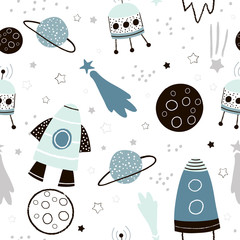 Crédence de cuisine Cosmos patrons Sonde spatiale fusée et planètes  © solodkayamari