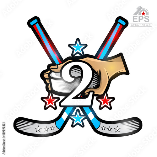 Hand hold hockey puck with crosses hockey stick and number two on front. Vector sport logo isolated on white for any team or competition