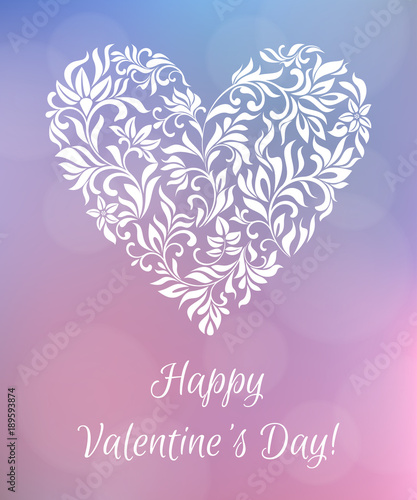 Happy Valentines day. Heart of flowers. Delicate blurred background of pink and blue tones with bokeh. A gentle romantic design. Suitable for postcards