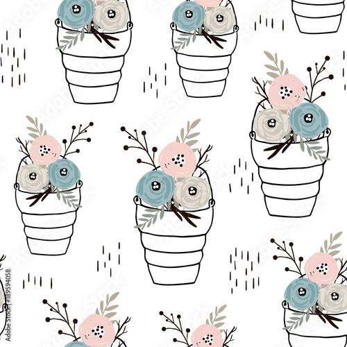 Seamless minimalistic pattern with flowers in hand drawn buskets. Creative fashion background. Perfect for fabric, wrapping, wallpaper, textile, apparel