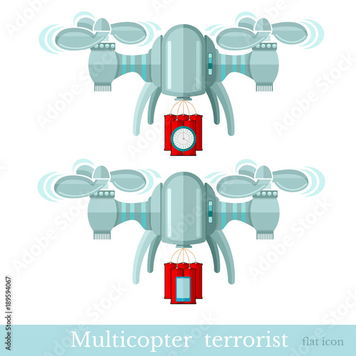 Two multicopter or quadcopter with bomb and dynamite for terrorist attack in flat style isolated on white