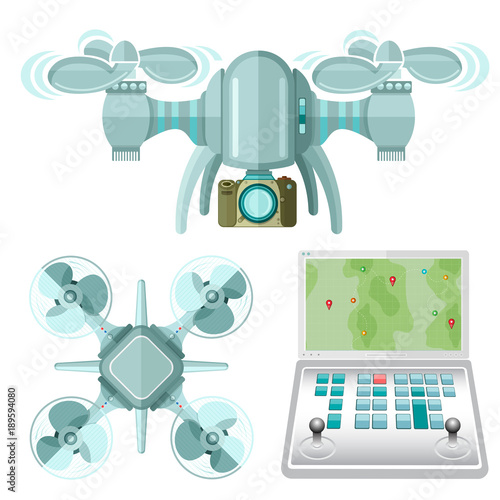 Remote control and two multicopter or quadcopter with camera top, side view in flat style isolated on white