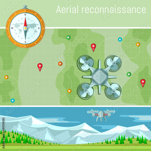 flat style background with two multicopter or quadcopter top and side view on landscape