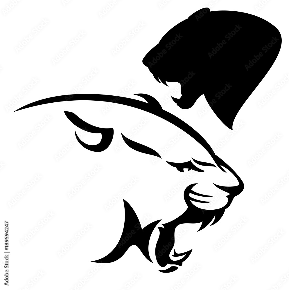 Obraz premium ryczący cougar wektor wzór - czarno-biały widok z boku głowy pantery