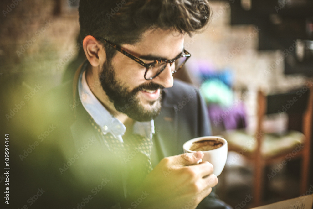 Finally coffee break. Portrait of young business man. Finally coffee break. Portrait of young business man.