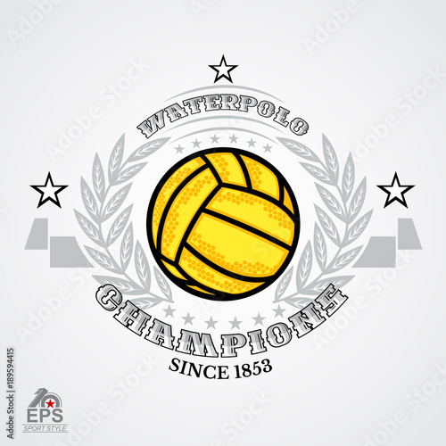 Water polo ball in center of silver wreath isolated on white. Sport logo for any team