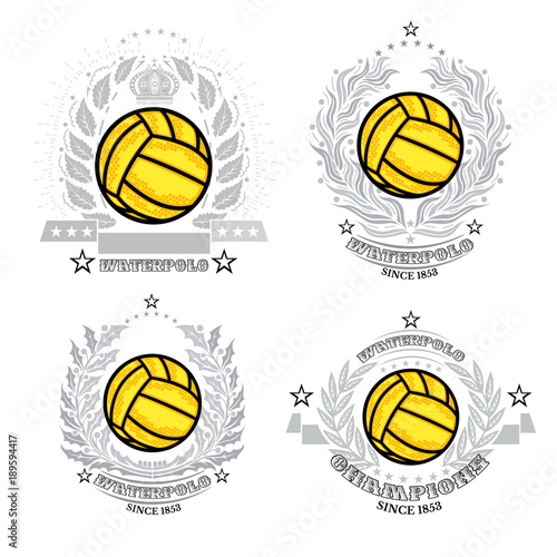 Set of water polo ball in center of silver wreath isolated on white. Sport logo for any teaw