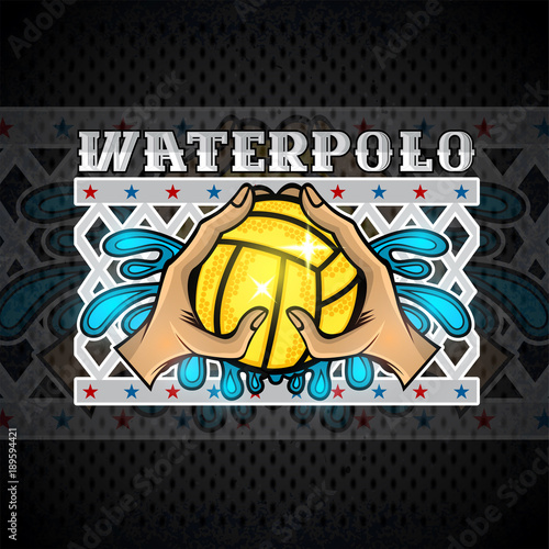 Two hand hold water polo ball and water splash and net behind. Vector sport logo on blackboard for any women team or competition