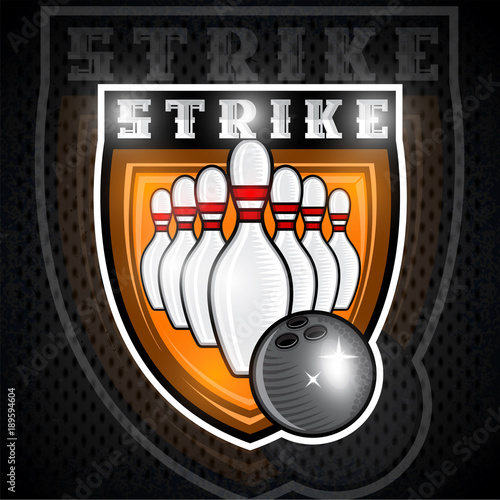 Bowling ball fly to skittles in center of shield. Sport logo for any team and championship