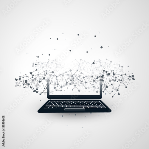 Abstract Cloud Computing and Global Network Connections Concept Design with Transparent Geometric Mesh and Notebook - Illustration in Editable Vector Format