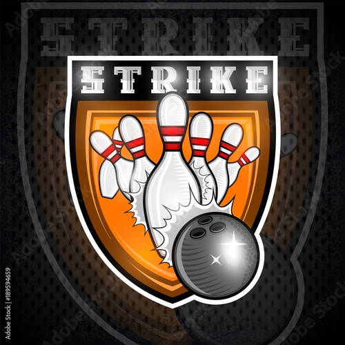 Bowling ball breaks the skittles in center of shield. Sport logo for any team or championship