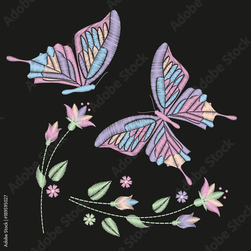 Set collection of butterflies and flowers isolated on dark background. Vector illustration. . Embroidery elements for patches, badges and stickers