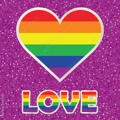 Gay pride poster with rainbow spectrum heart shapeand text. Homosexuality emblems. LGBT rights concept. Vector illustartion photo